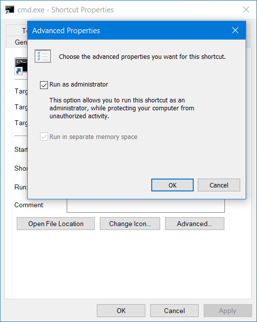 Create desktop shortcut and open Command Prompt with admin permission