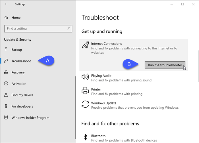 windows settings showing process to run troubleshooter