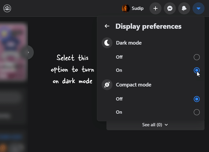 learn how to turn on dark mode on facebook website
