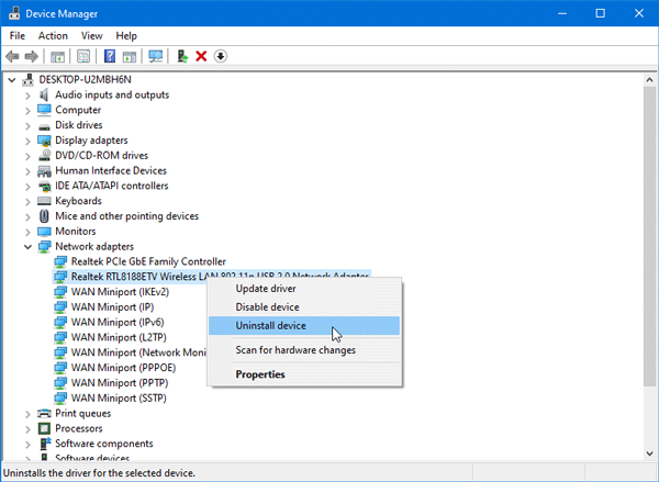 uninstall network adapter device windows