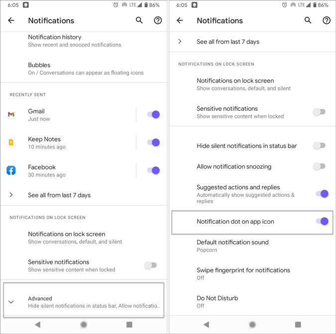 disable app notification dot android
