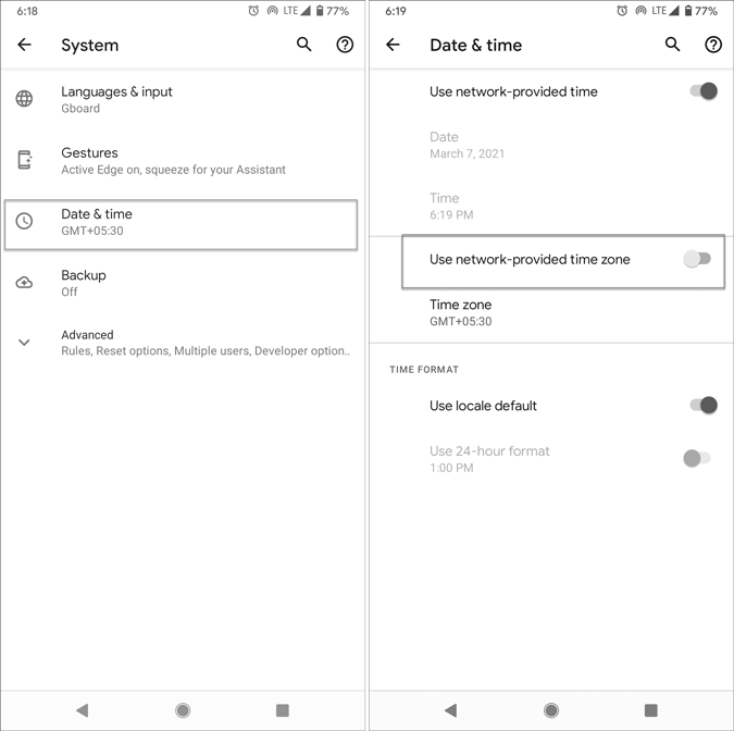 change time zone on android