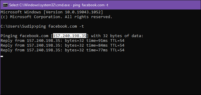 ping facebook.com to get ip address