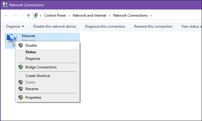 disable ethernet connection on windows 10