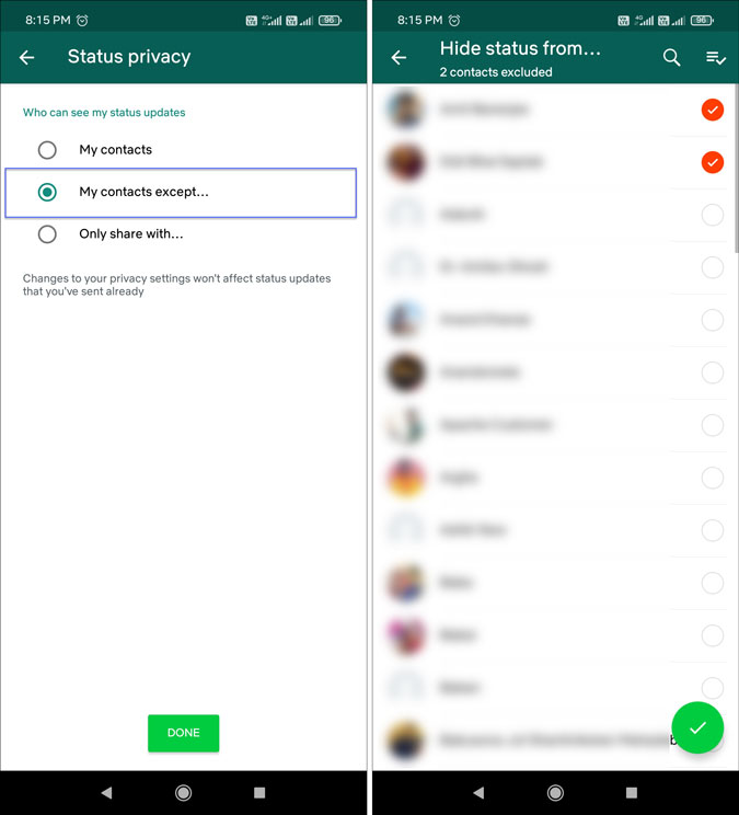 hide whatsapp status from specific contacts on android