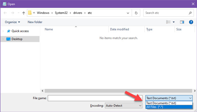 choose all files to open hosts on windows 10