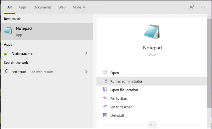 open notepad with administrator permission on windows 10