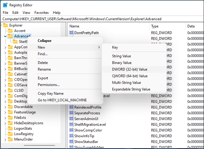 create taskbarda reg_dword value in registry