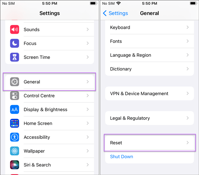 open settings general reset on iphone