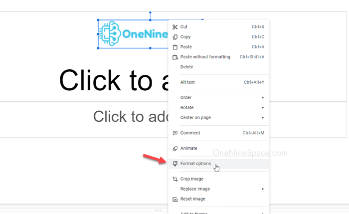 format options in context menu of image in google slides