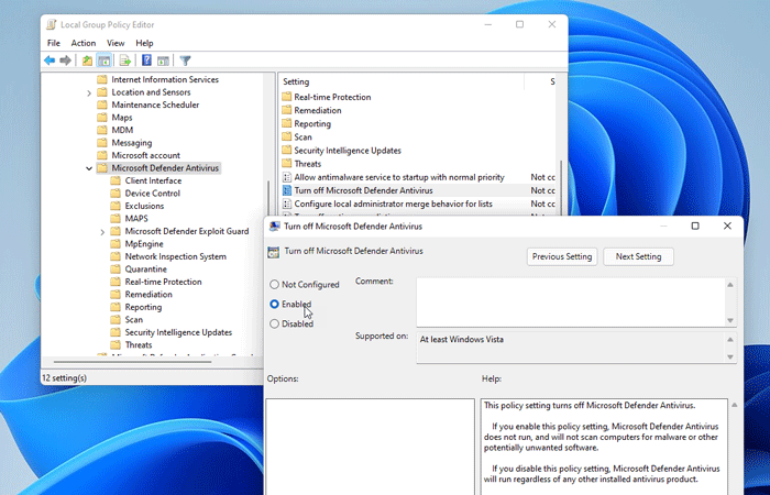 How to disable Microsoft Defender in Windows 11 using Group Policy