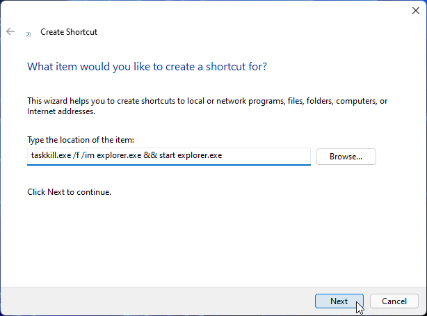 create desktop shortcut to restart file explorer