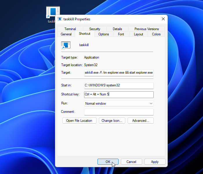 set keyboard shortcut to restart file explorer in windows 11