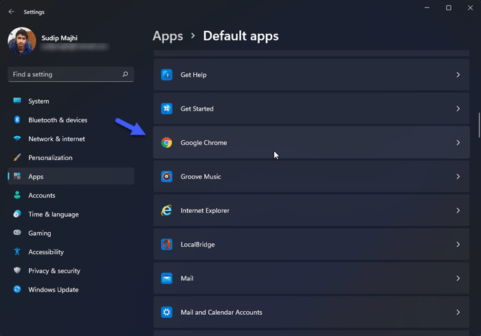 open google chrome app in default apps windows settings