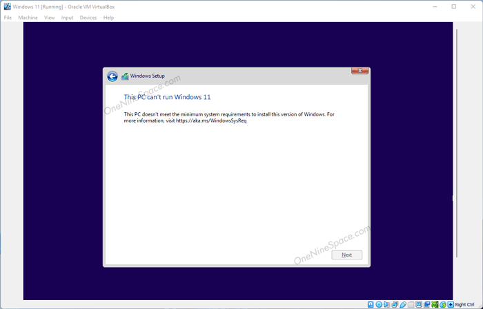 This PC doesn’t meet the minimum system requirements to install this version of Windows error while installing Windows 11 in VirtualBox